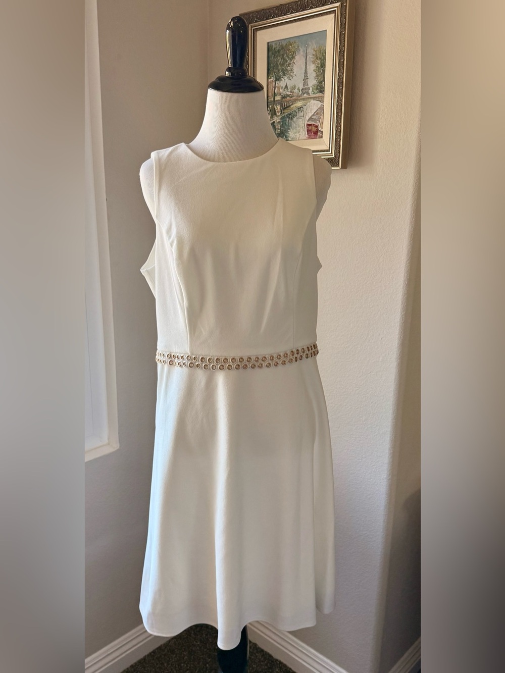 bebe White Sleeveless Dress with Jeweled Waist